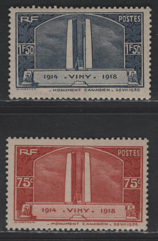 Lot 274 France #311-312 75c Henna Brown - 1.50fr Dull Blue,1936 Vimy Ridge Memorial Issue, 2 VFOG Singles