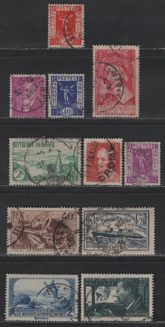 Lot 275 France #292, 299, 300, 304, 305, 307, 310, 315, 317-318, 325 75c Red Violet - 30c Dark Slate Green,1933 Authors - 1937 Mermoz Issues, 11 F & VF Used Singles