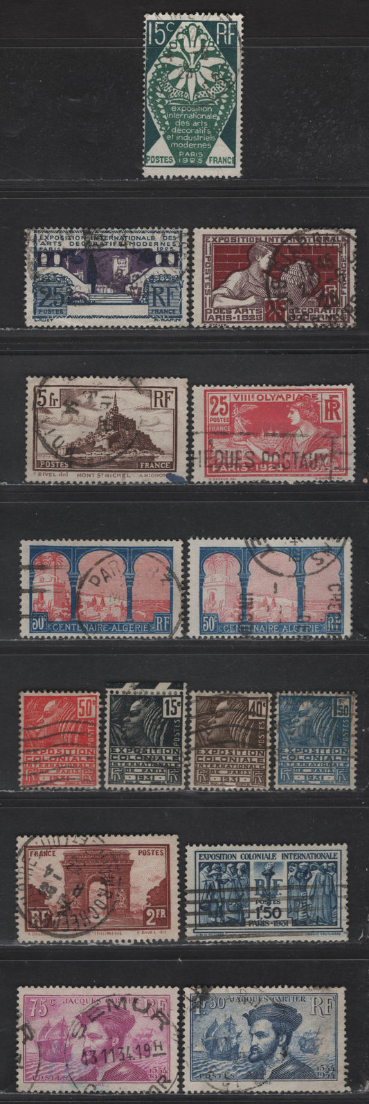 Lot 276 France #199, 221-222, 223, 250, 255, 258-262, 263, 296-297 25c Rose & Dark Rose - 1.50fr Blue,1924 Paris Olympics - 1934 400th Anniversary Of Discovery Of Canada Issues, 15 F & VF Used Singles