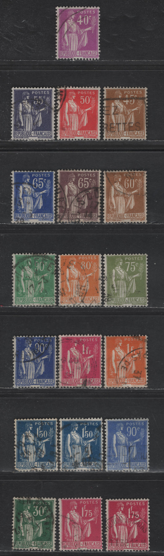 France #264-273, 275-277, 278, 282-283 30c Deep Green - 1.75fr Magenta,1932-1939 Peace With Olive Branch Definitives Issue, 19 F & VF Used Singles With Shades