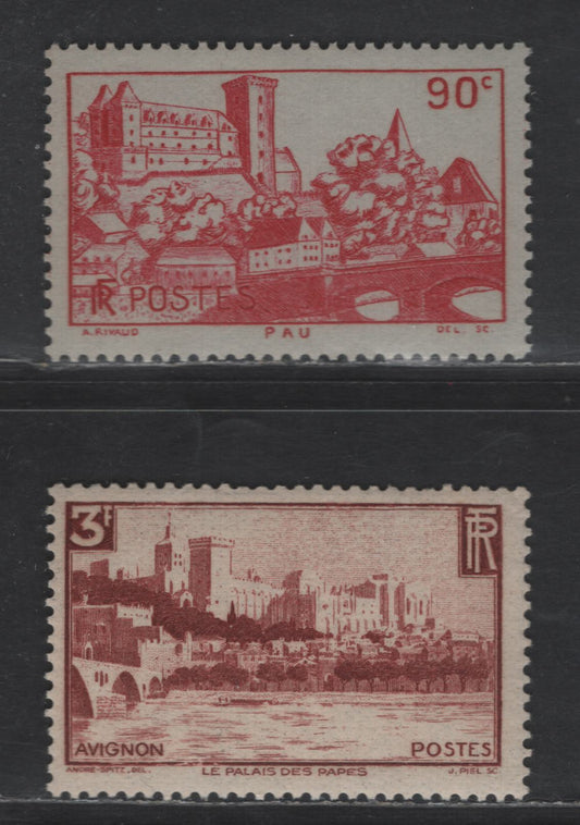 Lot 278 France #344, 393 3fr Carmine Brown & 90c Bright Rose,1938 Pictorial & 1939 View Of Pau Issues,2 F & VF NH Singles