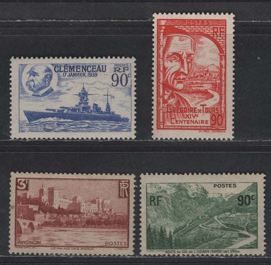 Lot 281 France #334, 344, 371, 389 90c Dark Green - 90c Red,1937 Opening Of Iseran Mountain Road - 1939 Birth Of St. Gregory Of Tours Issues, 4 F & VF OG Singles