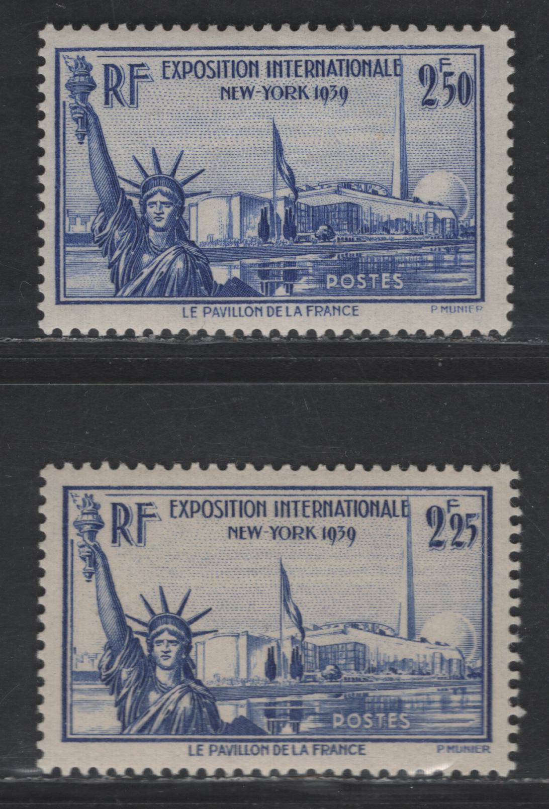 Lot 282 France #372-373 2.25fr - 2.50fr Ultramarine,1939-1940 New York World's Fair Issue, 2 VFOG Singles