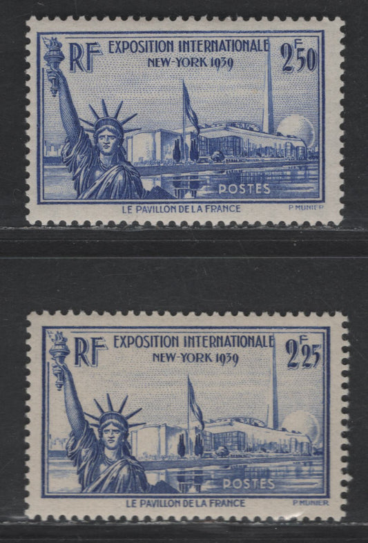 Lot 282 France #372-373 2.25fr - 2.50fr Ultramarine,1939-1940 New York World's Fair Issue, 2 VFOG Singles