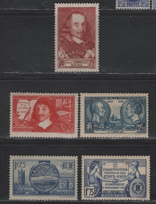 Lot 283 France #323, 331, 332, 352, 374 75c Brown Carmine - 2.25fr Dark Blue,1937 Le Cid - 1939 Centenary Of Photography Issues,5 F & VF OG Singles