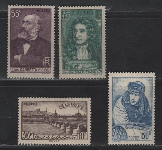 Lot 284 France #341, 351, 395-396 55c Dark Violet / 50fr Ultramarine,1938 Leon Gambetta - 1940 Georges Guynemer Issues,4 VFOG Singles
