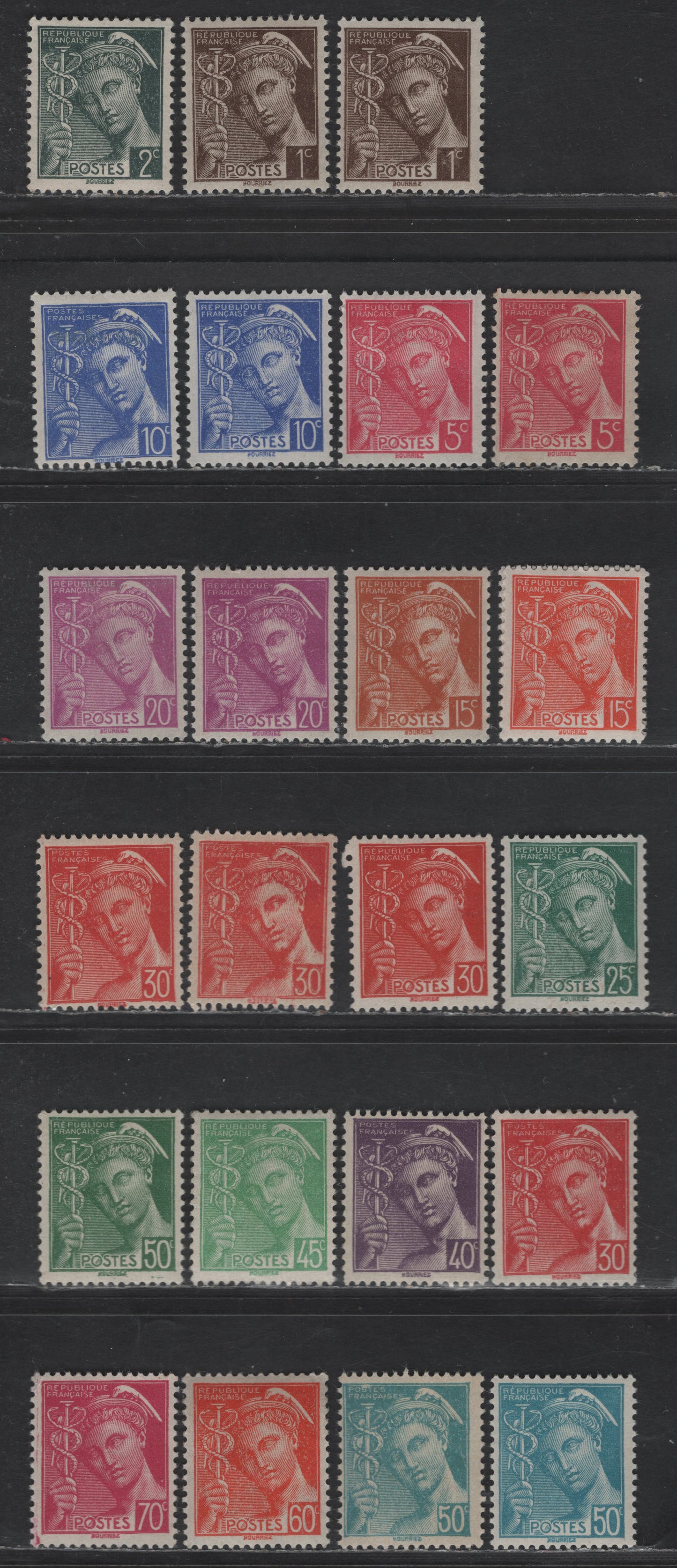 Lot 286 France #353-363, 365-368 1c Dark Brown - 70c Magenta,1938 - 1942 Mercury Definitives Issue, 23 F & VF OG Singles