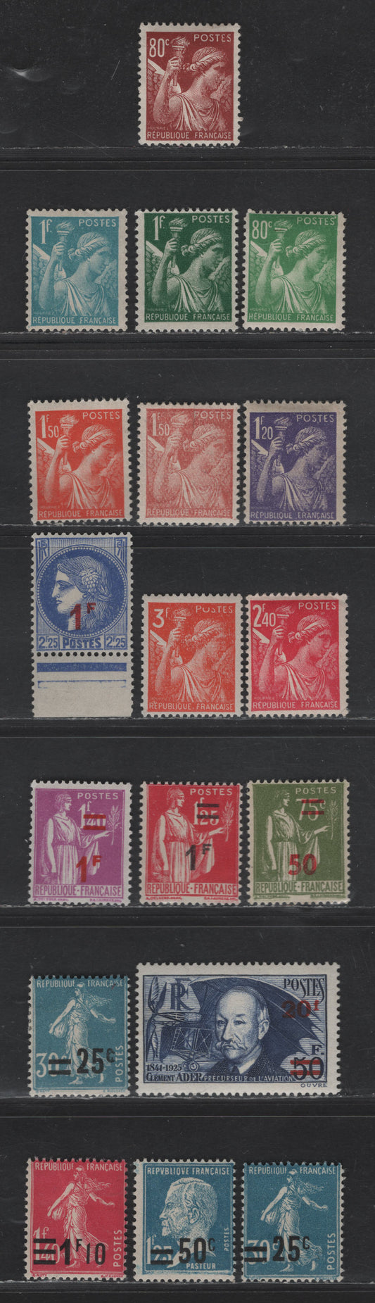 Lot 288 France #227, 235, 240, 375-377, 379-380, 382, 383, 385, 386, 398, 403, 407, 408, 414 25c On 30c Light Blue - 20fr On 50fr Dark Ultramarine,1926-1927 & 1940-1941 Surcharge Issues, 18 F & VF OG Singles With Shades