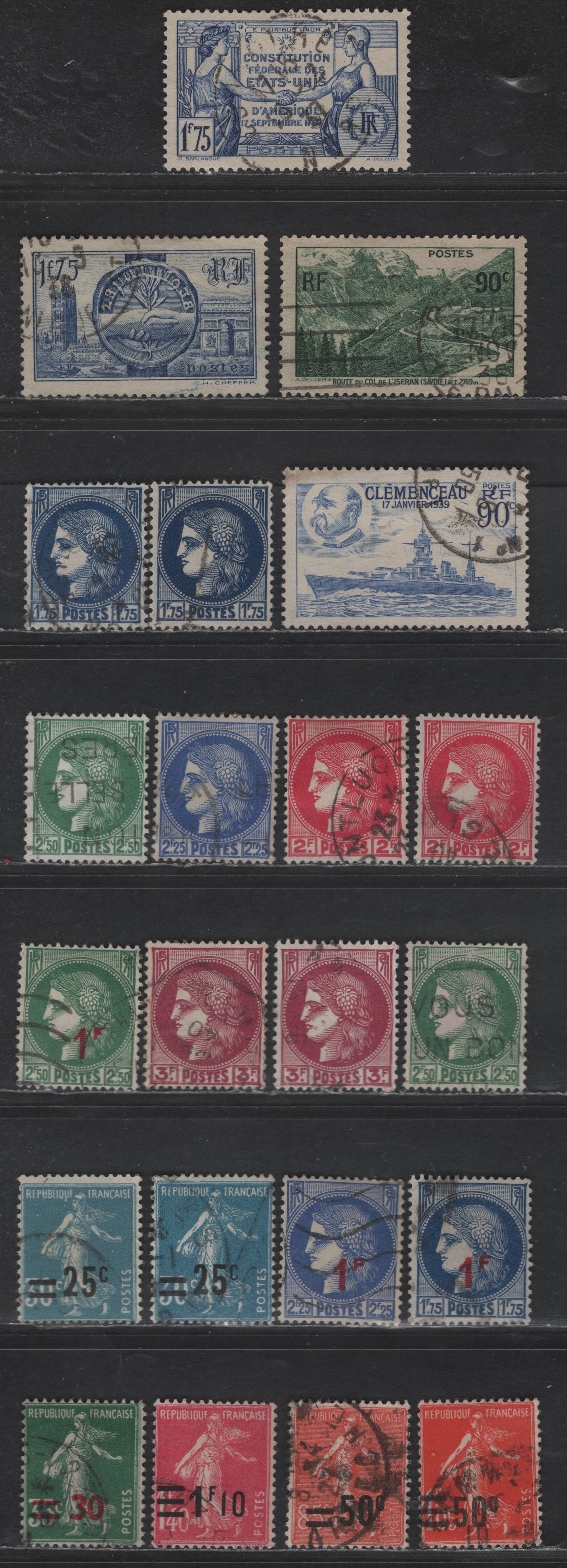 Lot 289 France #227, 233, 234, 240, 332, 334, 335-338, 340, 352, 371, 397-399, 400 25c On 30c Light Blue - 1fr On 2.50fr Light Green,1926-1927 & 1940-1941 Surcharge Issues, 22 F & VF Used Singles