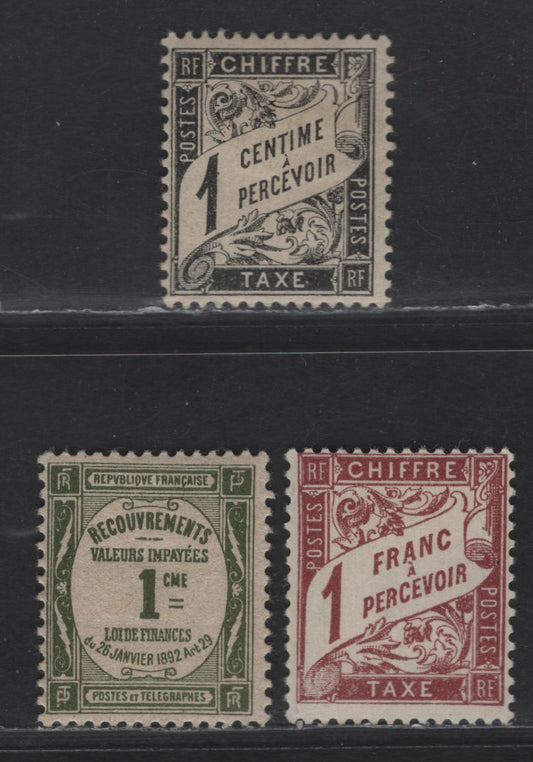 Lot 290 France #J11, J42, J46 1c Black - 1fr Red Brown,1882-1941 Postage Due Issue, 3 FOG Singles