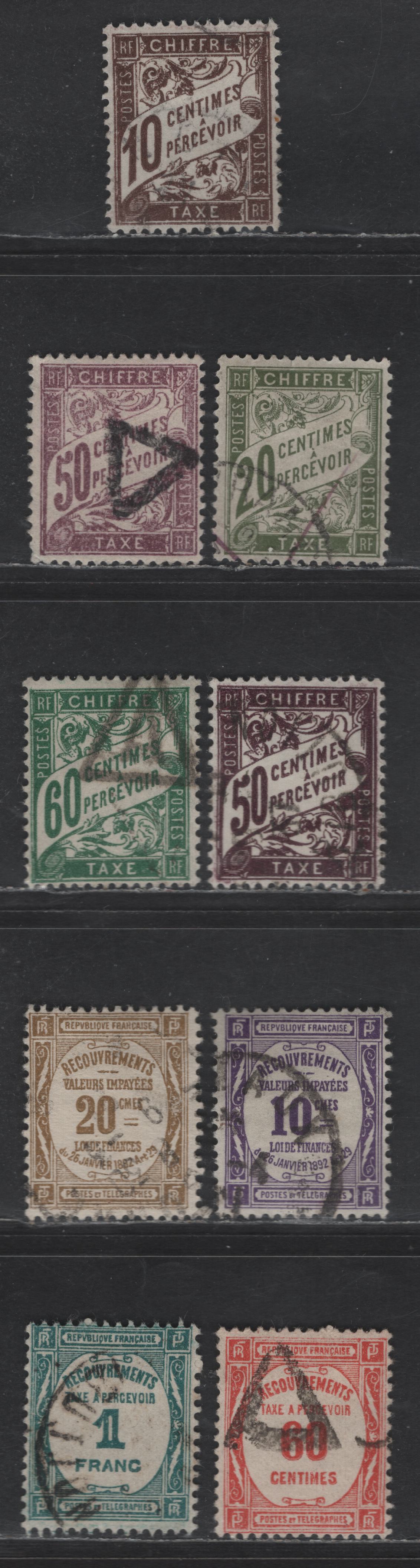 Lot 291 France #J30, J32, J38, J38a, J39, J47, J48, J61, J63 10c Brown - 1fr Prussian Green,1893-1941 Postage Due Issue, 9 F & VF Used Singles