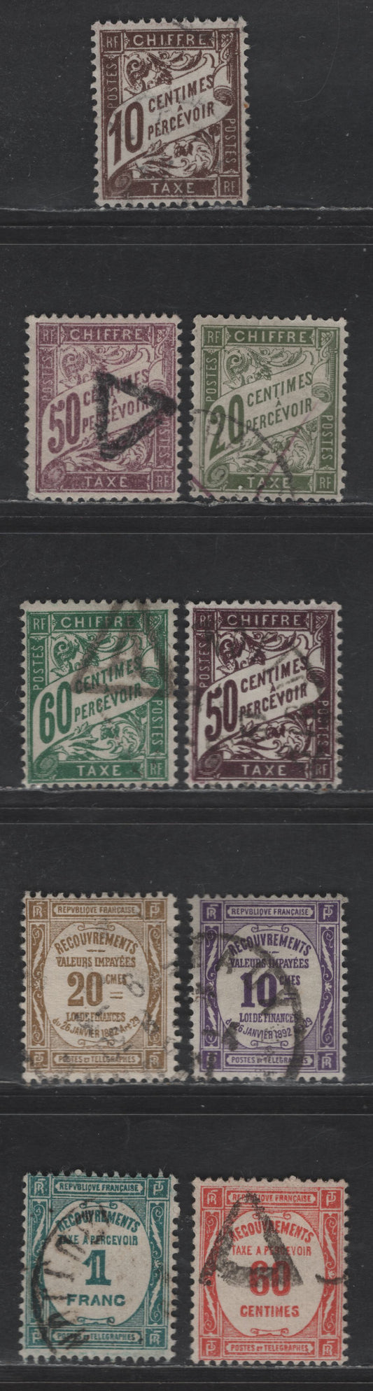 Lot 291 France #J30, J32, J38, J38a, J39, J47, J48, J61, J63 10c Brown - 1fr Prussian Green,1893-1941 Postage Due Issue, 9 F & VF Used Singles