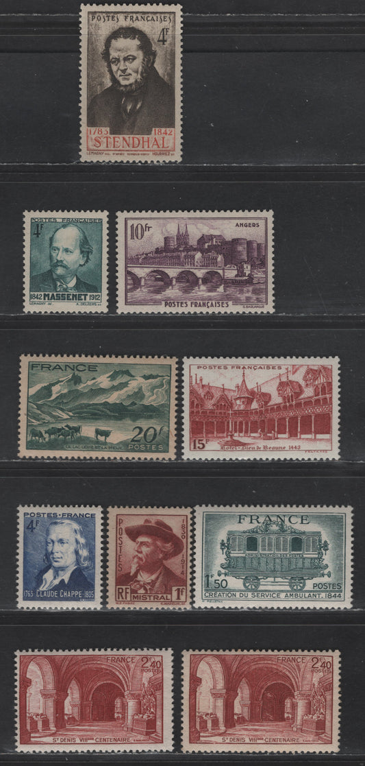 Lot 292 France #419,421, 423, 452, 453, 465, 472, 474, 498 10fr Dark Violet - 2.40fr Brown Carmine,1941 Scenes - 1944 800th Anniversary Of Church Of St. Denis Issues, 10 F & VF Used Singles