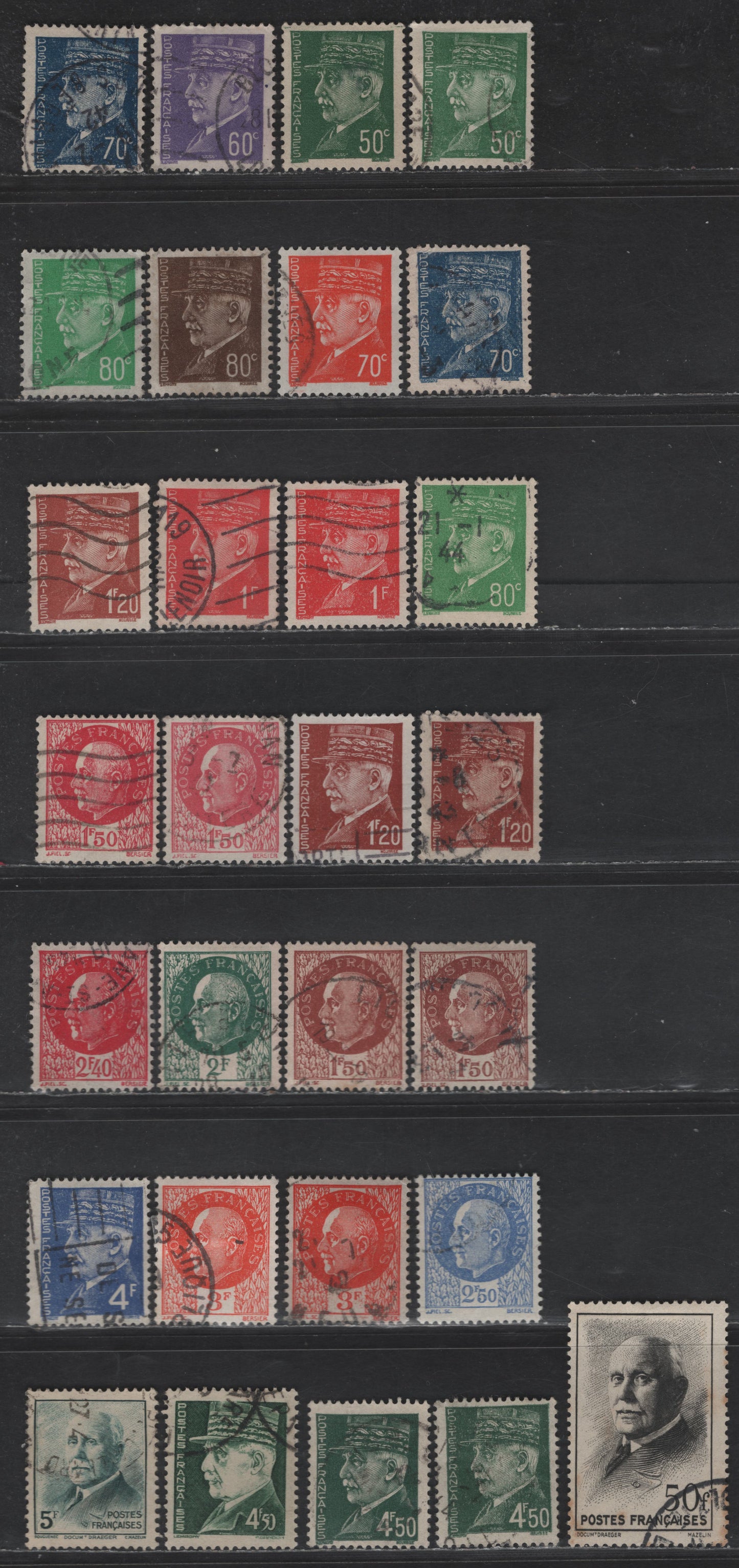 Lot 294 France #431/451 50c Green - 50fr Black,1941-1942 Marshall Petain Definitives Issue, 29 F & VF Used Singles With Extra Shades