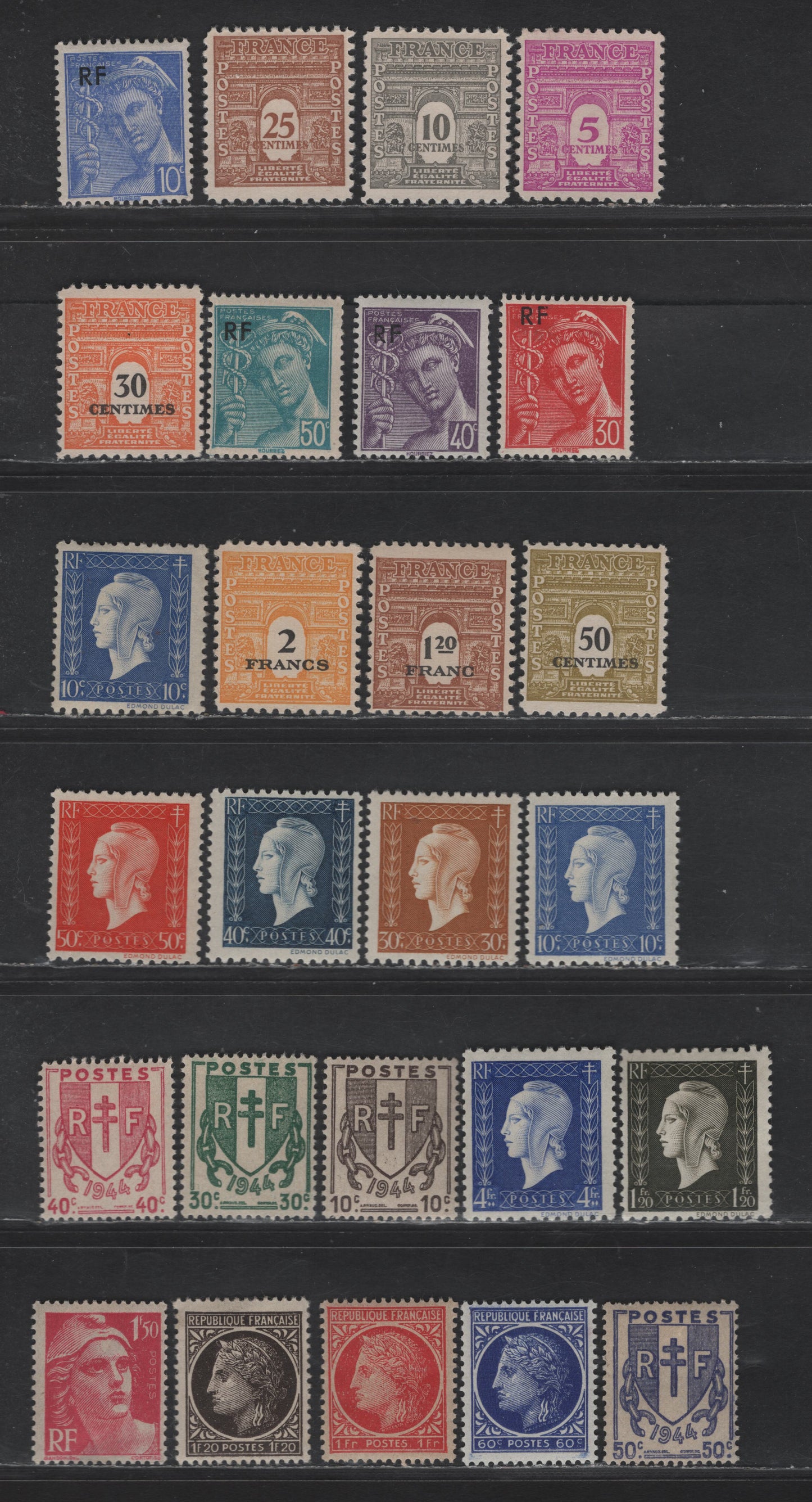 Lot 296 France #475-476A, 499-502, 523A, 523C, 523F, 523H, 504/517, 524/534 5c Bright Red Violet - 1.50fr Rose Pink,1944 Arc De Triomphe, 1945-1947 Arms, Ceres & Mariame Issues,26 F & VF OG Singles