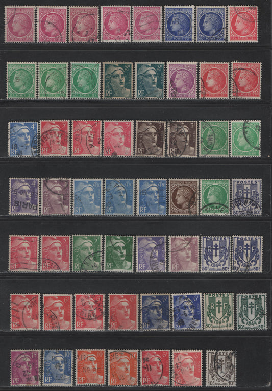 Lot 298 France #524/547 10c Brown Black - 15fr Bright Red Violet,1945-1947 Arms, Ceres & Mariame Definitives, 55 F & VF Used Singles With Many Shade Variations