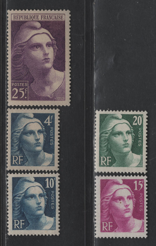 Lot 299 France #548-551, 554 4fr Dark Blue - 25fr Violet,1945-1946 Engraved Mariame Definitives Issue, 5 F & VF NH Singles