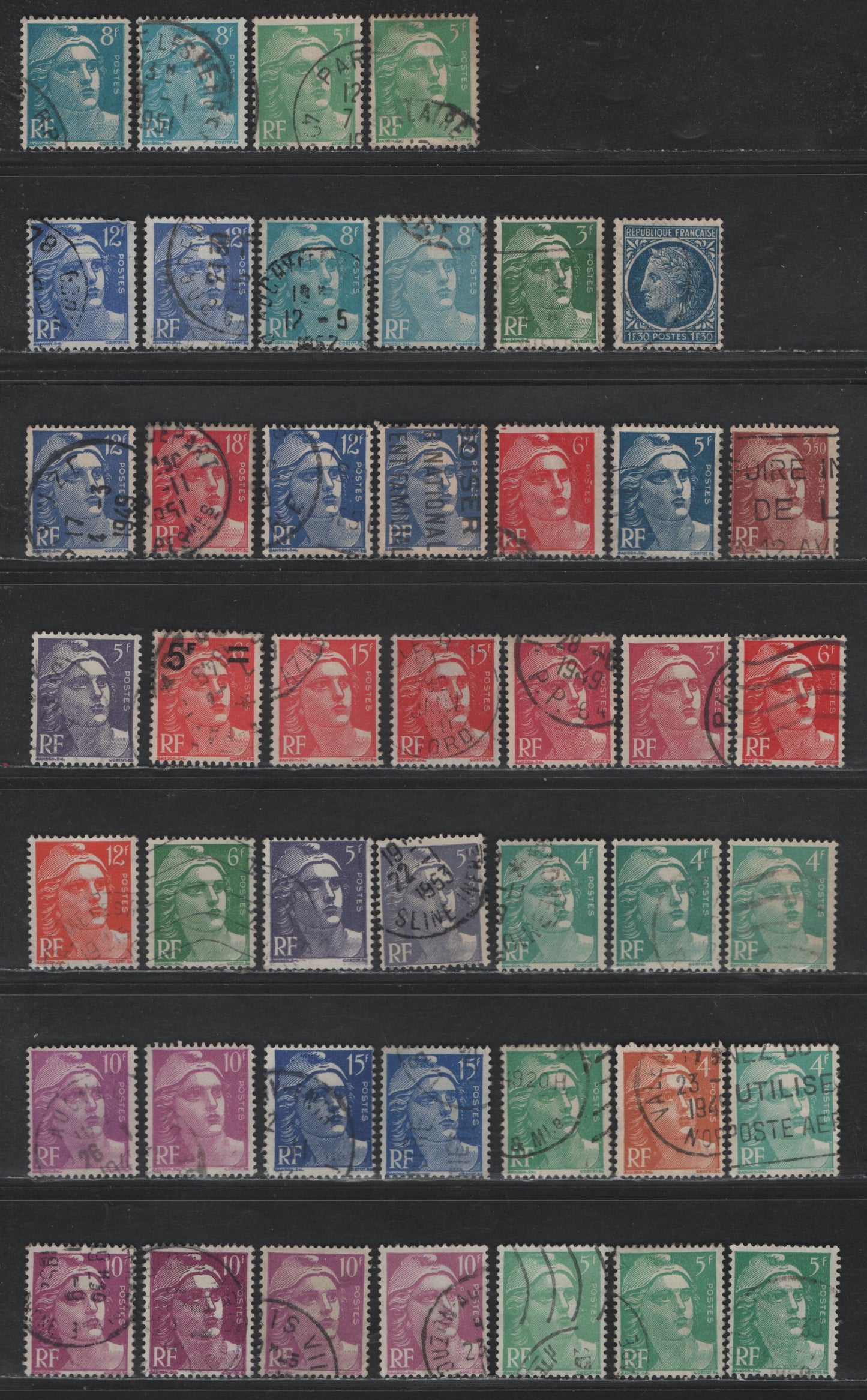 Lot 300 France #576-580, 595-602, 650-654, 610 1.3fr Dull Blue - 18fr Cerise,1945-1949 Mariame Definitives Issue, 45 F & VF Used Singles With Numerous Shades