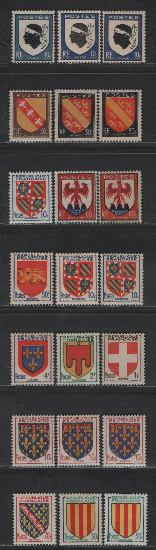 Lot 301 France #562-565, 616-620, 659, 782-783 10c Blue & Black - 70c Multicoloured,1946-1955 Arms Definitive Issue, 28 VFOG Singles With Unlisted Shade Varieties