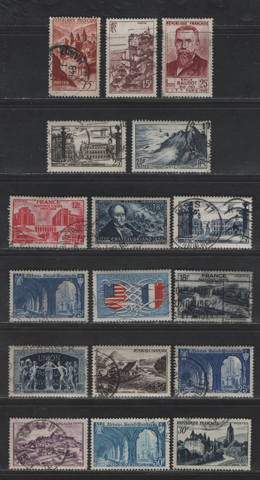 Lot 303 France #568, 571, 574-575, 590, 603, 605-606, 622-623, 627, 632, 636, 649, 658 5fr Rose Violet - 30fr Indigo,1946 Pictorial - 1951 Chateau Bontemps Issues,17 F & VF Used Singles