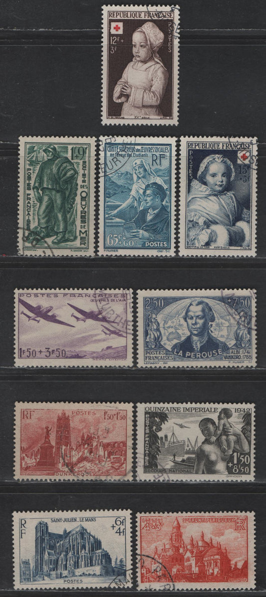 Lot 304 France #B78, B116, B129, B130, B132, B197, B215-B216, B264-B265 65c+60c Peacock Blue - 15fr+5fr Deep Ultramarine,1938 Student Relief Semi Postals - 1951 Red Cross Semi Postals Issues,10 F & VF Used Singles