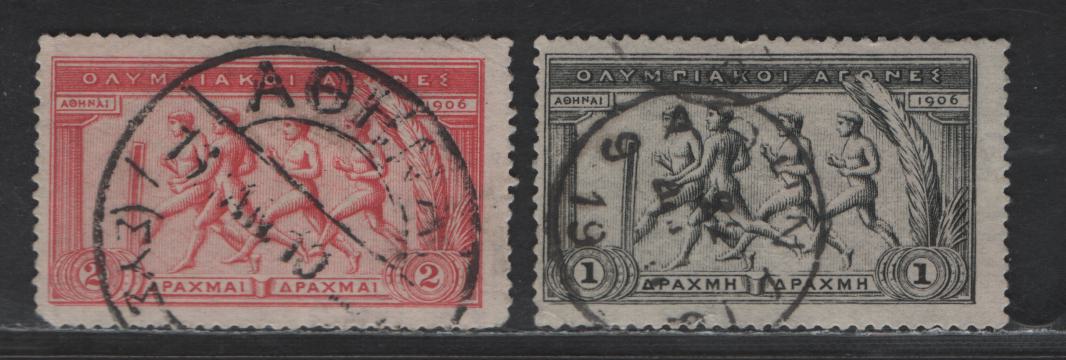 Lot 309 Greece #194, 195 1d Black & 2d Rose,1906 Olympic Games, High Values Issue,2 VG Used Singles