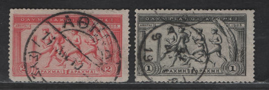 Lot 309 Greece #194, 195 1d Black & 2d Rose,1906 Olympic Games, High Values Issue,2 VG Used Singles