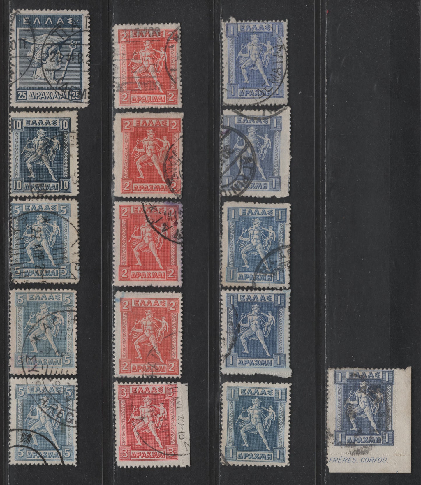 Lot 312 Greece #226-231 1d Ultramarine, 1d Blue, 2d vermilion, 3d Carmine Rose, 5d Pale Ultramarine, 10d Deep Blue, 25d Indigo,1913-1923 Lithographed Rouletted Hermes Issue, 16 F & VF Used Singles With Multiple Shade Variations