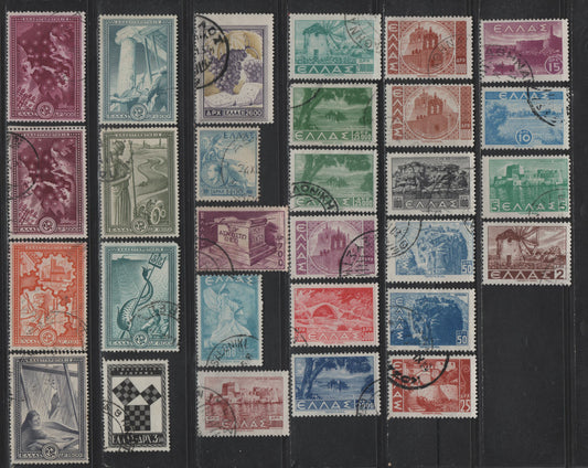 Lot 328 Greece #437/454, 465, 535, 539-544, 547, 554, 583 2d Red Brown - 3.50d Black, 1942-1944 Pictorial Definitives - 1955 2500th Anniversary Of 1st School Philosophy Issues, 29 F & VF Used Singles