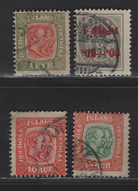 Lot 361 Iceland SC#46, 71, 77, 76 6a & 15a Grey - Red & Green Numeral & Kings Christian IX and Frederick VIII, 1902-1908 Numerals & Kings Christian IX & Frederick VIII, 3 VG & Fine Used Singles Perf 12.75, Wmk Crown