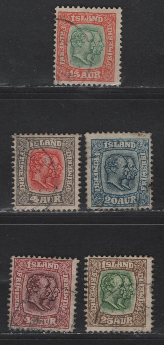 Lot 362 Iceland SC#73, 77, 79-81 4a& 40a Grey & Red - Claret Kings Christian IX & Frederick VIII, 1907-1908 Kings Christian IX & Frederick VIII Issue, 5 Fine Used Singles Wmk Crown
