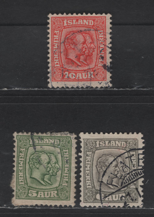 Lot 363 Iceland SC#74-76 5a, 6a, 10a Green - Scarlet Kings Christian IX & Frederick VIII, 1907-1908 Kings Christian IX & Frederick VIII Issue, 3 Fine Used Singles Wmk Crown