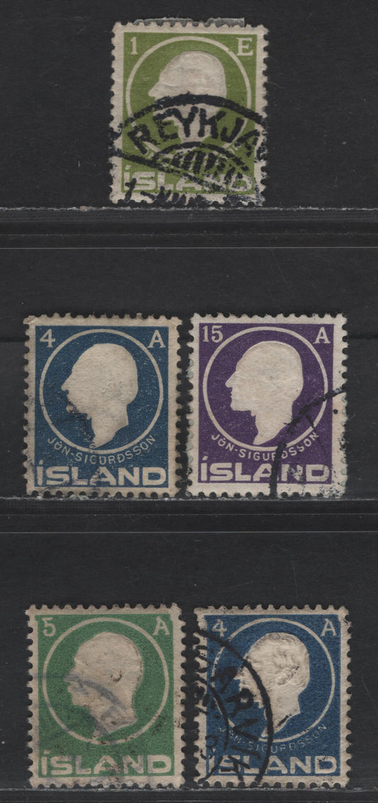 Lot 364 Iceland SC#86, 88, 90, 92 1a, 15a Olive Green - Violet Jon Sigurdsson & King Christian IX, 1911-1912 John Sigurdsson & King Chnristian IX Issue, 5 VF Used Singles