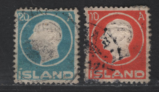 Lot 365 Iceland SC#93-94 10a, 20a Red & Pale Blue King Christian IX, 1912 Embossed King Christian IX Issue, 2 Fine & VF Used Singles