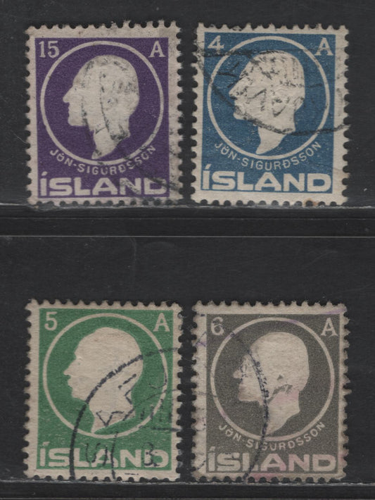 Iceland SC#88, 90, 89, 92 4a, 5a Dark Blue - Green Jon Sigurdsson & King Christian IX, 1911-1912 Embo, 4 Fine Used Singles