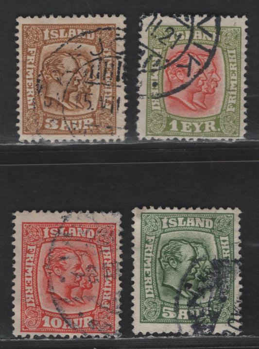 Lot 367 Iceland SC#99-100, 102, 104 1e & 10a Yellow Green & Red  - Scarlet Kings Christian IX & Frederick VIII, 1915-1918 Kings Christian IX & Frederick VIII Issue, 4 Fine Used Singles Wmk Crosses