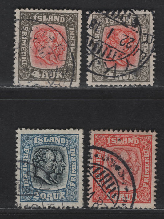 Lot 368 Iceland SC#101, 104, 107 4a-20a Grey & Red - Blue & Indigo Kings Christian IX & Frederick VIII, 1915-1918 Kings Christian IX & Frederick VIII Issue, 4 VF Used Singles Wmk Crosses