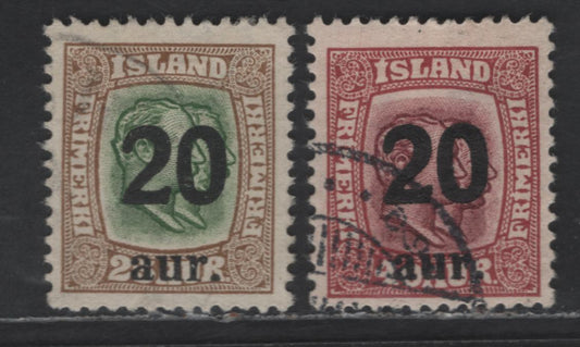 Lot 370 Iceland SC#133-135 20a on 25a, 40a Bistre & Green - Claret & Violet Surcharges, 1921-1925 Surcharges, 2 Fine Used Singles