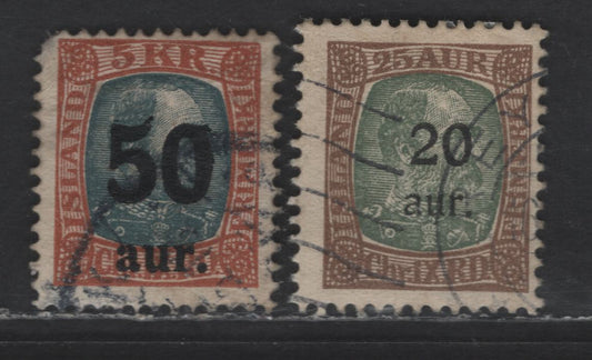 Lot 371 Iceland SC#132, 138 20a on 25a, 5k Brown & Green - Orange Brown & Slate Blue Surcharges, 1921-1925 Surcharges, 2 Fine Used Singles