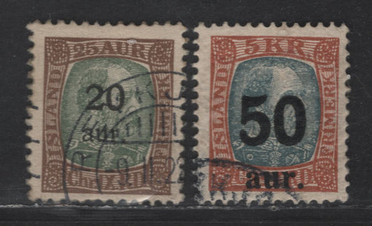 Lot 372 Iceland SC#132, 138 20a on 25a, 5k Brown & Green - Orange Brown & Slate Blue Surcharges, 1921-1925 Surcharges, 2 VF Used Singles