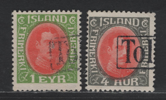 Lot 374 Iceland SC#176, 178 1e & 4a Yellow Green & Red - Grey & Red King Christian X, 1931-1933 Re-Drawn King Christian X Issue, 2 Fine Used Singles With Tollur Cancels