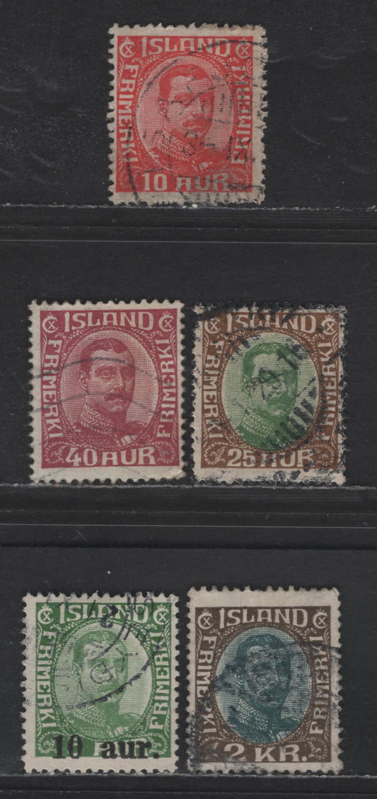 Lot 377 Iceland SC#116, 120, 123, 127, 139 10a, 10a on 5a Red - Green King Christian X, 1920-1922 King Christian X, 5 Fine Used Singles
