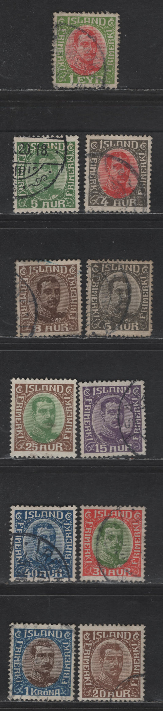 Lot 378 Iceland SC#108, 110-111, 113-114, 117, 119-120, 122, 124, 126 1e - 1k Yellow Green & Red - Deep Blue & Dark Brown King Christian X, 1920-1922 King Christian X, 11 VF Used Singles