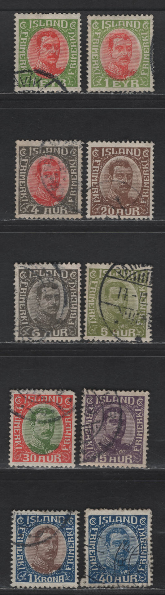 Lot 379 Iceland SC#108, 110, 112, 113, 117, 122, 119, 124, 126 1e - 1k Yellow Green & Red - Deep Blue & Dark Brown King Christian X, 1920-1922 King Christian X, 10 VF Used Singles