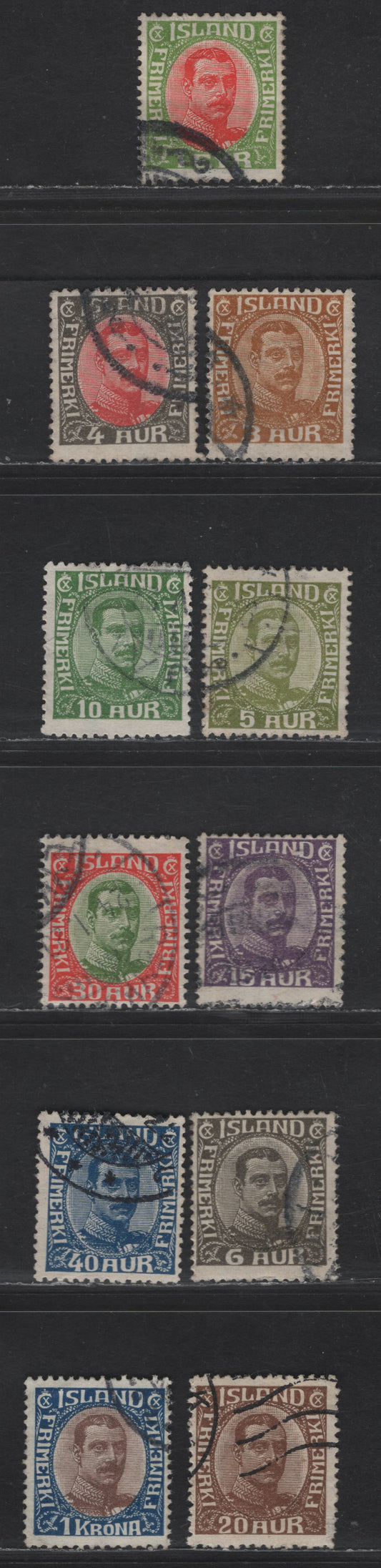 Lot 380 Iceland SC#108-114, 119, 122, 124, 126 15a Yellow Green & Red - Deep Blue & Dark Brown King Christian X, 1920-1922 King Christian X, 11 Fine Used Singles