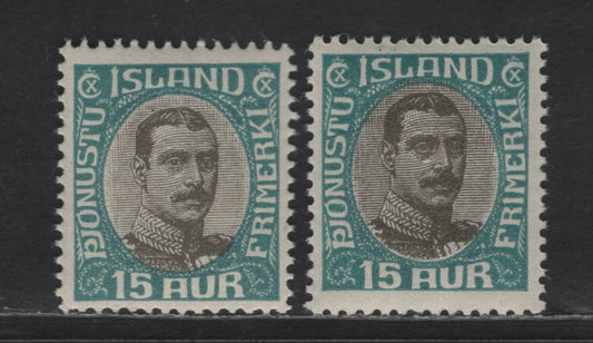 Lot 381 Iceland SC#O44 1a-7a Light Blue & Grey King Christian X, 1920-1930 King Christian X, 2 VFOG Singles Two Different Shades