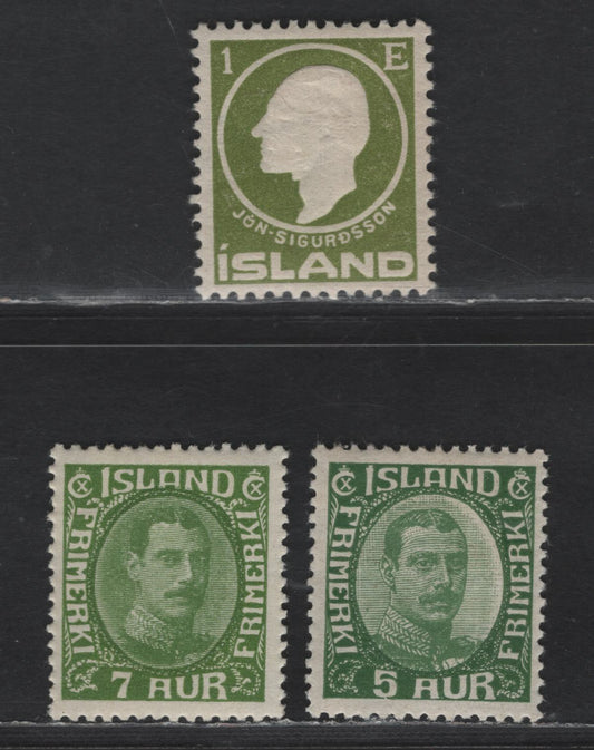 Lot 382 Iceland SC#86, 111, 180 1e-15a Olive Green - Green Jon Sigurdsson & King Christian IX, 1911, 1920-1922 King Christian X, 3 VFOG Singles