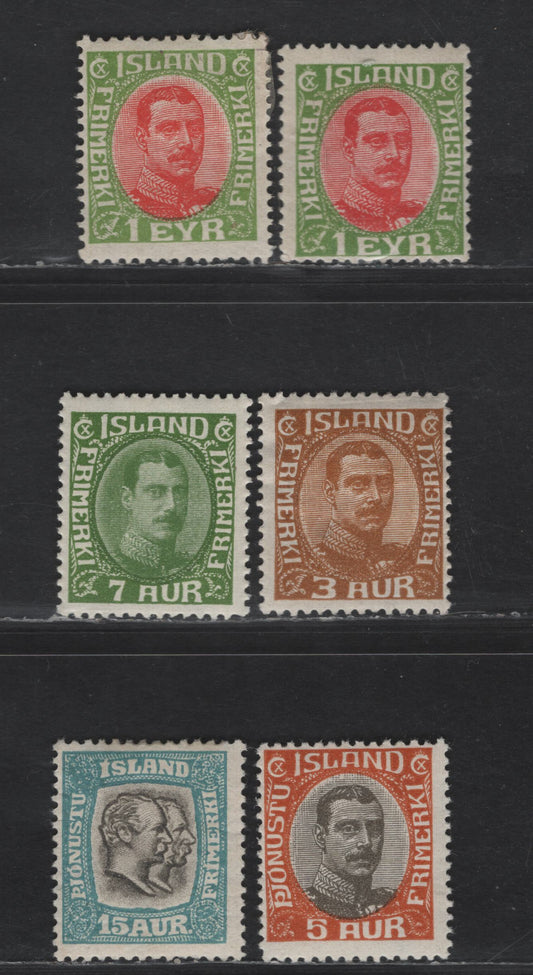 Lot 383 Iceland SC#108 1e-15a Yellow Green & Red - Light Blue & Grey Kings Christian IX & Frederick VIII, 1907-1920 Kings Christian IX, X & Frederick VIII, 6 Fine OG Singles