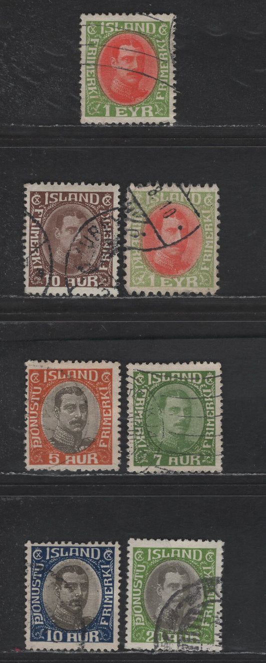 Lot 384 Iceland #176, 180, 181, 202, O42, O43, O68 1e Yellow Green & Red - 20a Yellow Green & Grey, 1931-1933 King Christian X Redrawn Issue & 1920-1930 King Christian X Parcel Post Issues, 7 F & VF Used Singles