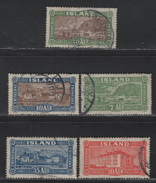 Lot 387 Iceland #144-148 7a Yellow Green - 50a Yellow Green & Brown, 1925 Views Issue, 5 Very Fine Used Singles